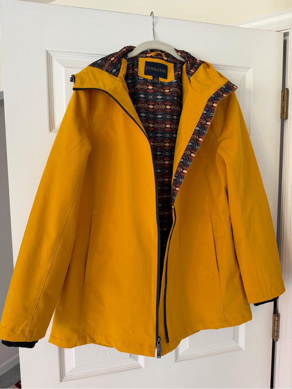 Pendleton Women's Mustard Yellow Hooded Rain Coat with Patterned Lining